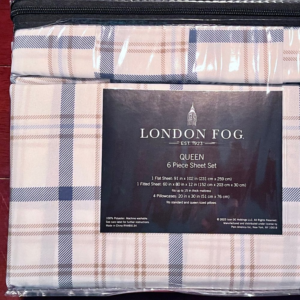 6-pc London Fog QUEEN SIZE Sheet Set - GOLD BLUE Plaid - Easy Care